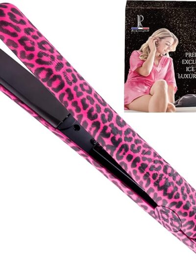 Royale Ionic Flat Iron Luxury Ceramic Tourmaline 2 in 1 Hair Straightener & Curler + Predire Robe – Single Pass, Floating Plates, Anti-Frizz 1″ (Hot Pink Leopard)