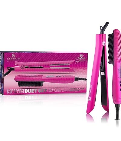 Royale Platinum Genius Heating Element Flat Iron Luxury Ceramic Tourmaline 2 in 1 Hair Straightener & Curler (Duet – Hot Pink)