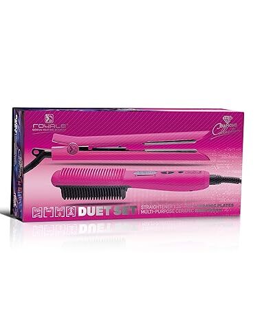 Royale Platinum Genius Heating Element Flat Iron Luxury Ceramic Tourmaline 2 in 1 Hair Straightener & Curler (Duet – Hot Pink)